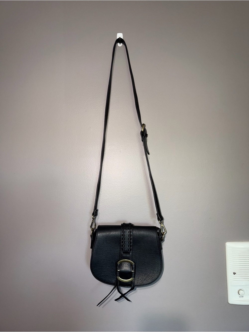 Women's Black Leather Crossbody Saddle Bag with Buckle Detail